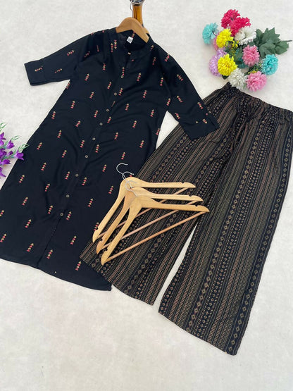 Teeya Creation Classic Black Cotton Kurta Set With Subtle Embroidery And Printed Palazzos