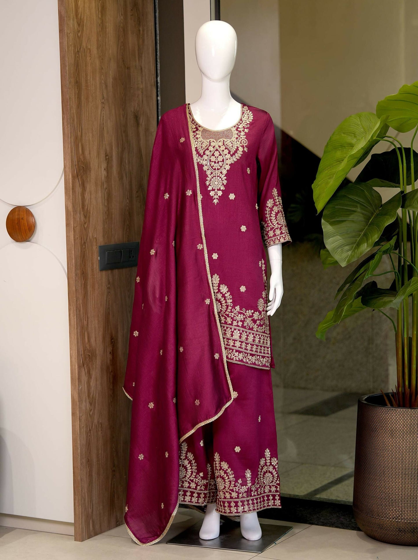 Teeya Creation Wine Embroidered Silk Palazzo Suit With Dupatta