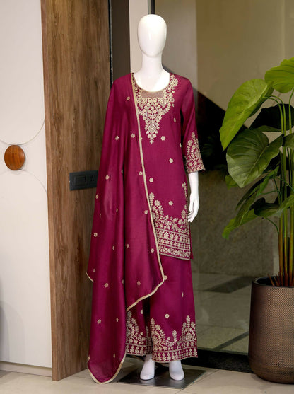 Teeya Creation Wine Embroidered Silk Palazzo Suit With Dupatta