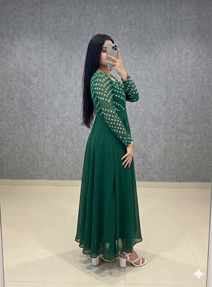 Teeya Creation Women's Green Bandhani Print Anarkali Gown