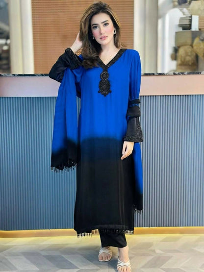 Teeya Creation Women's Trendy Stylish French Crepe Silk Blue Kurta Set