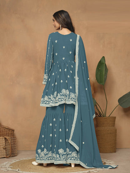Anaita Teal Embroidered Faux Georgette Sharara Suit