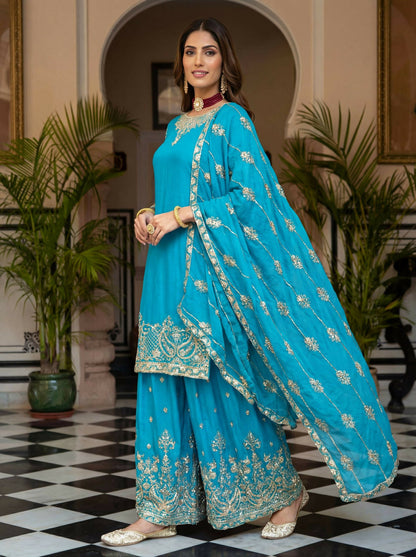 Teeya Creation New Trendy Traditional Wear Sharara with Heavy Border Dupatta Set - Sky-Blue