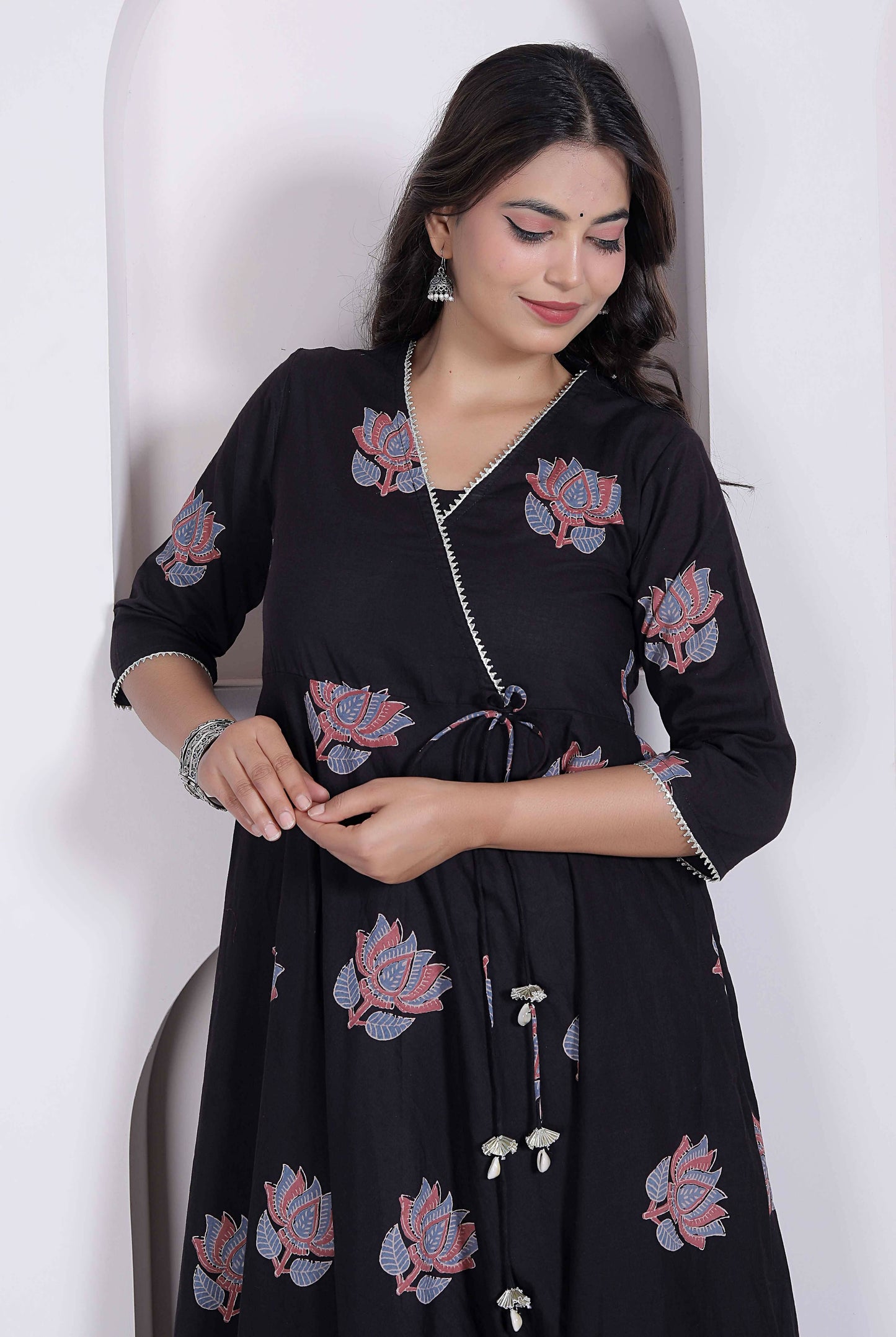Miravan Womens Cotton Floral Print Anarkali Kurta-Black