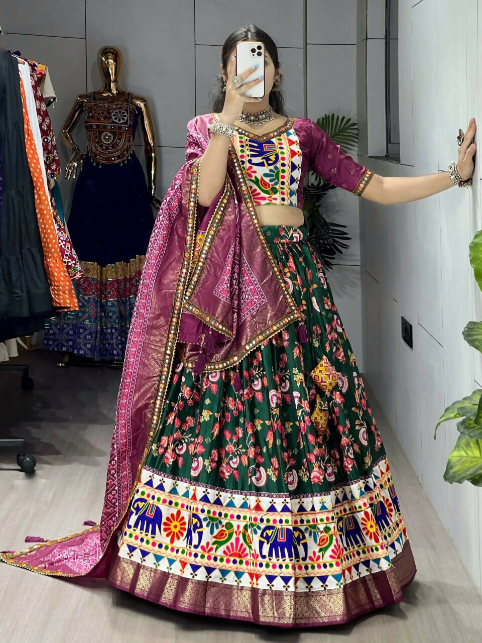 Yash Enterprise Green Silk Embroidery Semi Stitched Navratri Chaniya Choli
