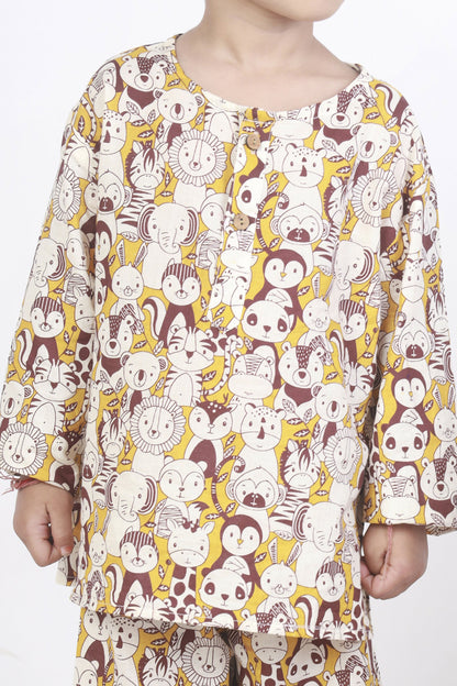 Breathables Sunny Yellow Animal Print Cotton Night Suit For Kids