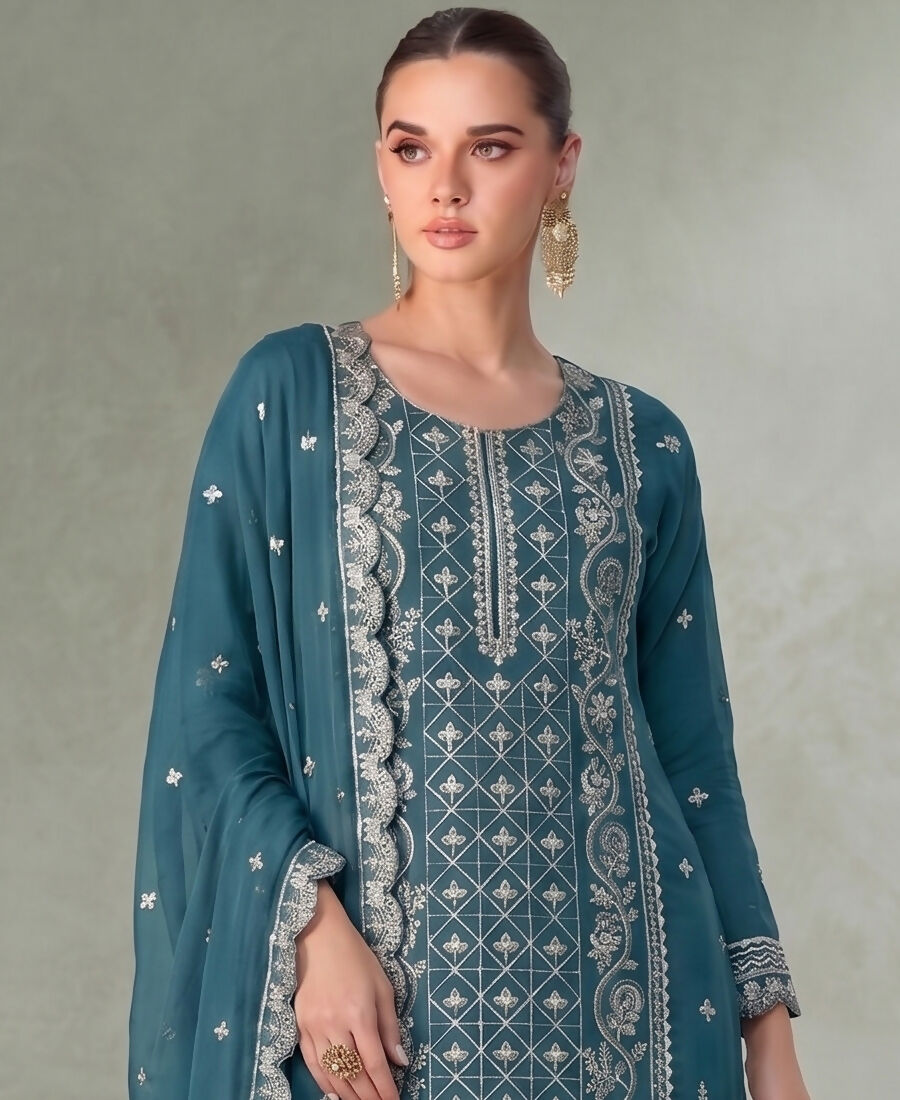 KC Sky Blue Pakistani Straight Suit For Women Chiffon