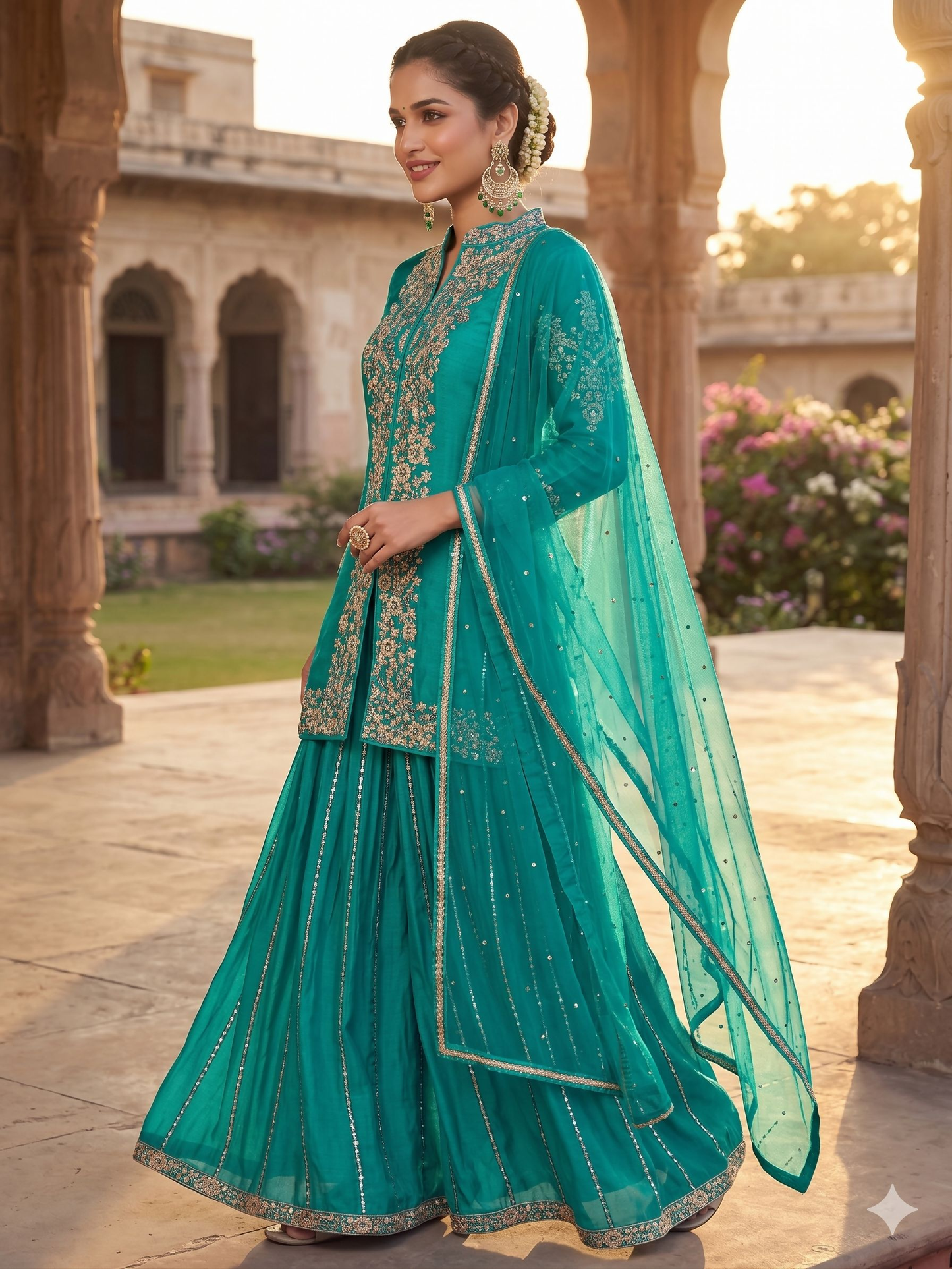 Teeya Creation Womens New Trendy Silk With Heavy Embroiedery With Sequence Work Teal Kurta Set