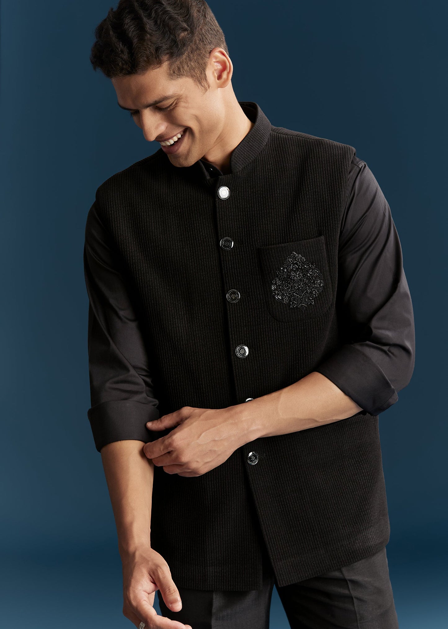Black Corduroy Shirt Jacket For Men With Embroidery