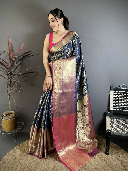 Prime Volt Pure Handloom Kanjivaram Katan Silk Saree with Antique Zari & Contrast Pallu-Deep Vibrant Blue