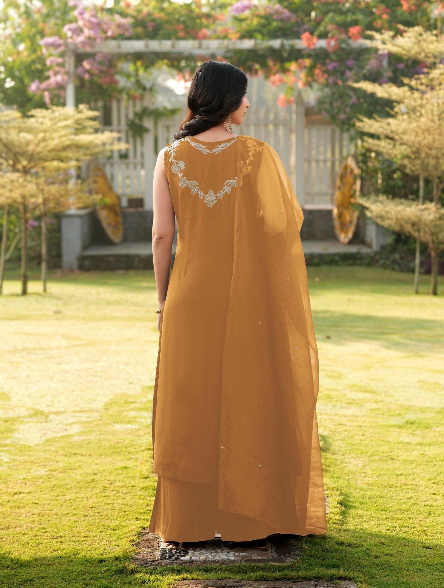 Nikhaar Light Brown Embroidered Art Silk Stitched A Line Kurta Palazzo Dupatta Readymade Suit