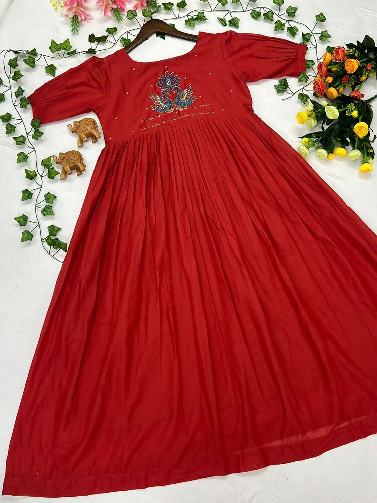 Teeya Creation Women's New Trendy Red Pleated Maxi Dress with Intricate Peacock Beadwork