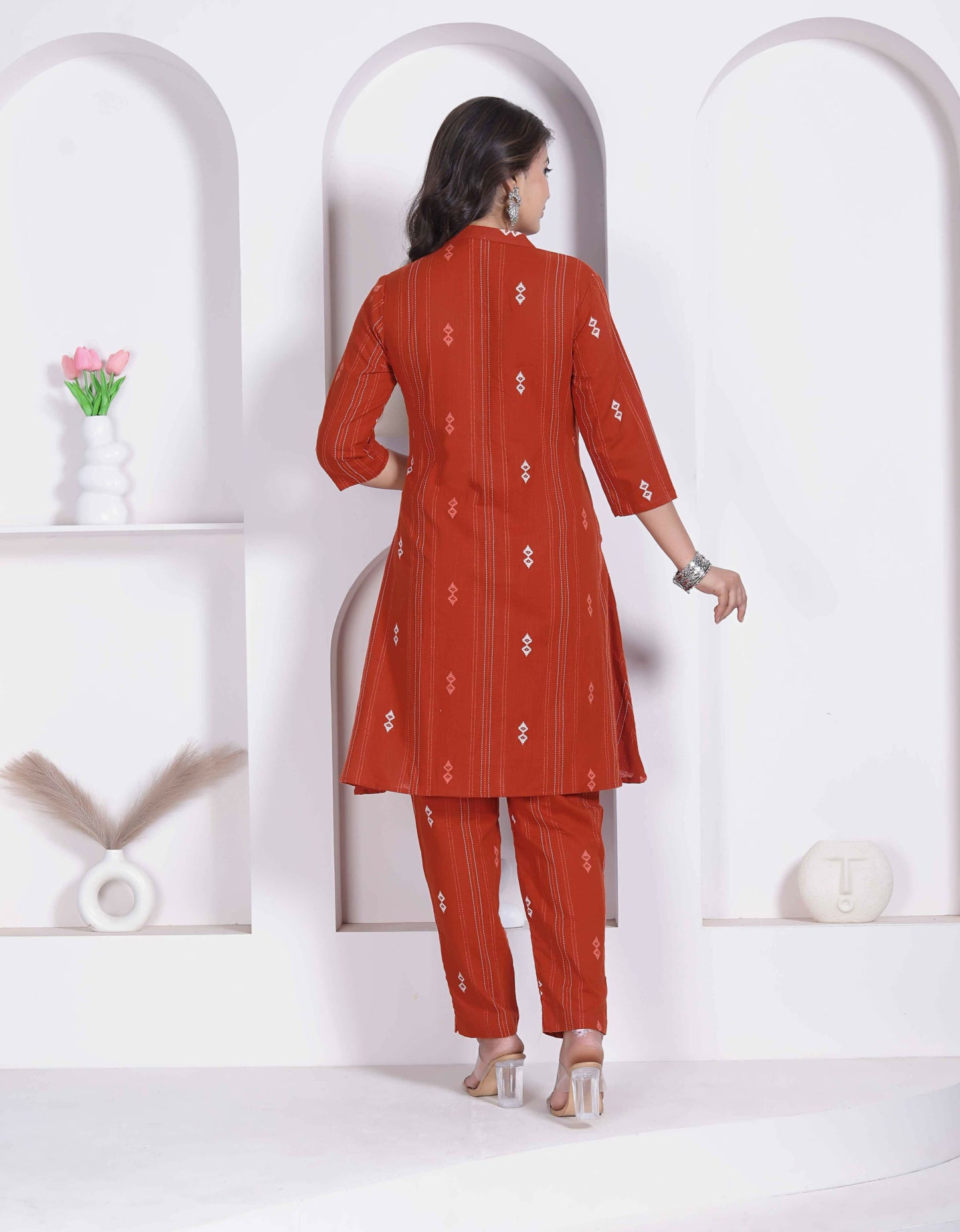 Miravan Womens Rust Color Abstract Printed Cotton Kurta With Palazzo