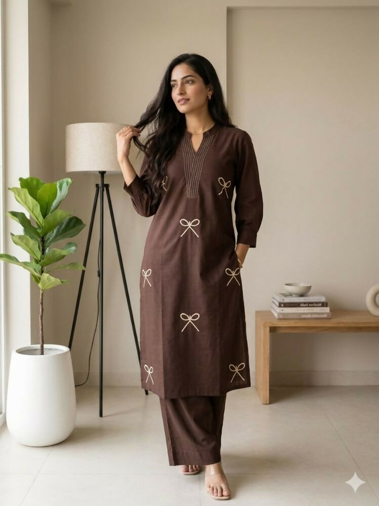 Teeya Creation Women New Trendy Chocolate Brown Embroidered Cotton Kurta with Palazzos