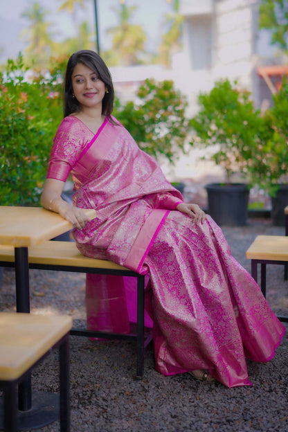 Prime Volt Bridal Kanchipuram Silk Saree with Rich Zari Weaving & Contrast Border-Pink