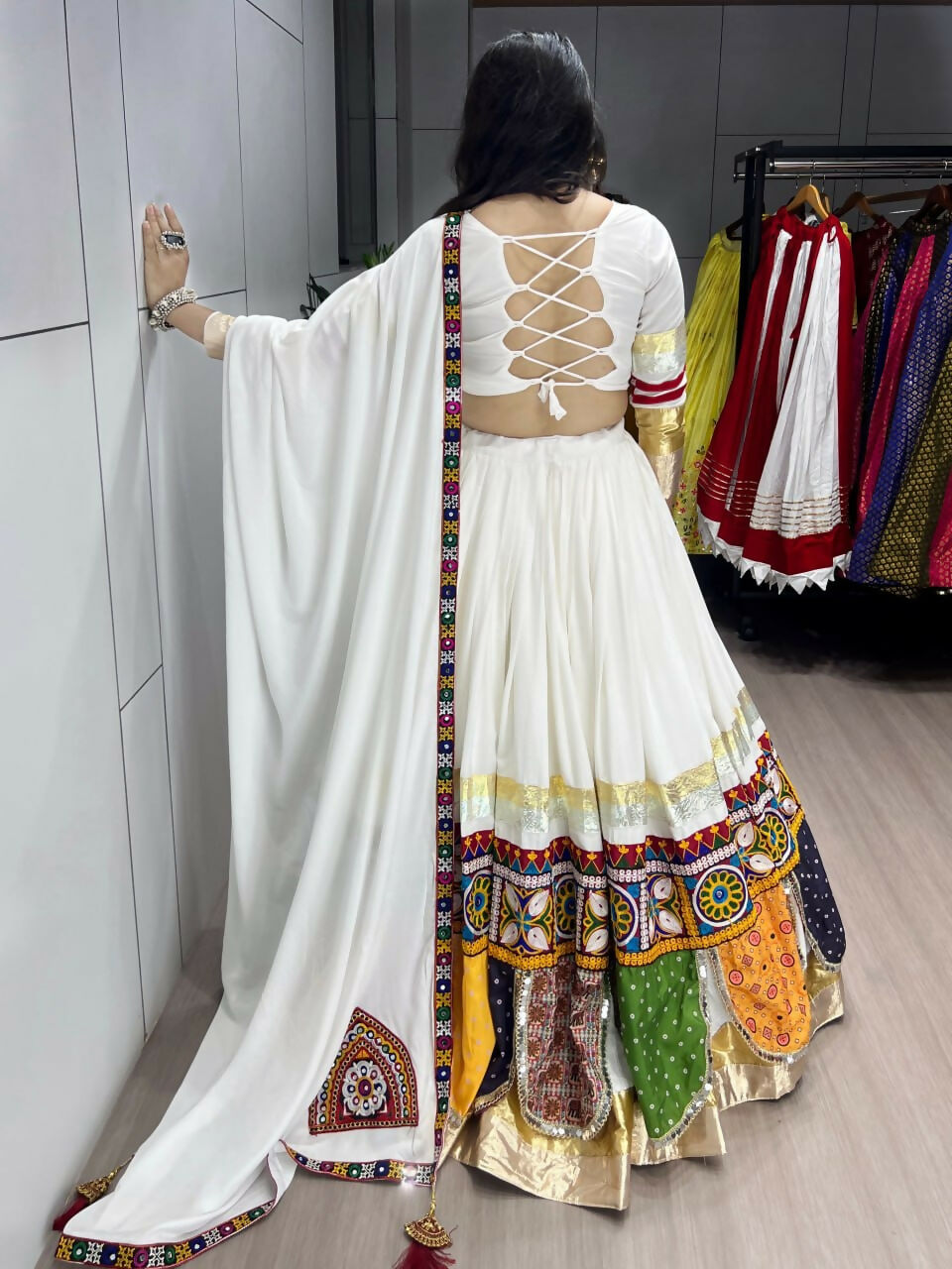 Yash Enterprise Off White Rayon Cotton Embroidery Semi Stitched Navratri Top Chaniya Choli