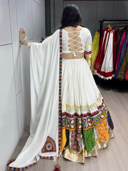 Yash Enterprise Off White Rayon Cotton Embroidery Semi Stitched Navratri Top Chaniya Choli