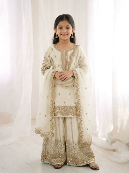Teeya Creation New Trendy Fully Stitched Ready to Wear Kids Kurta Palazzo Set-White