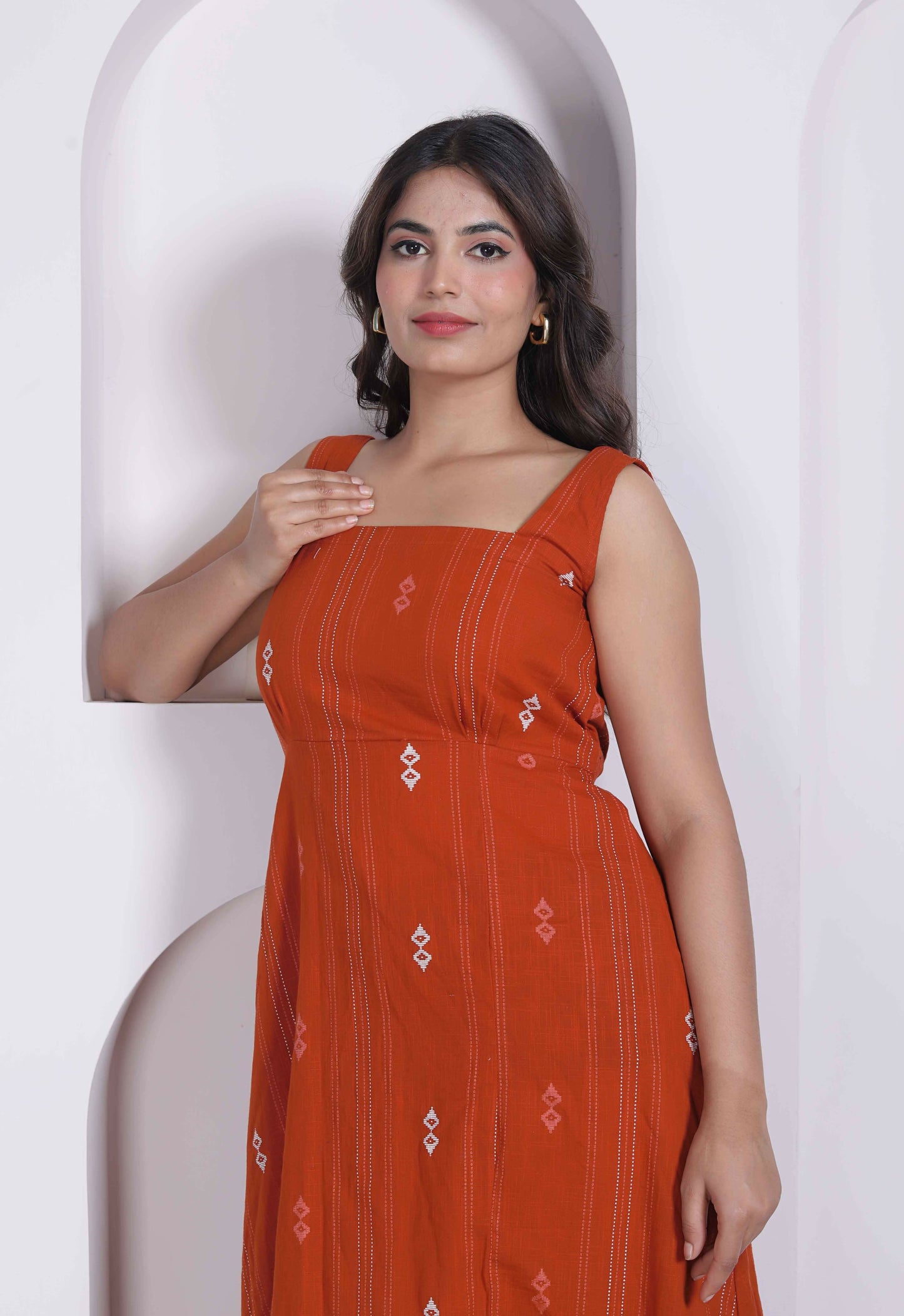 Miravan Womens Abstract Printed Rust ALine Maxi Dress