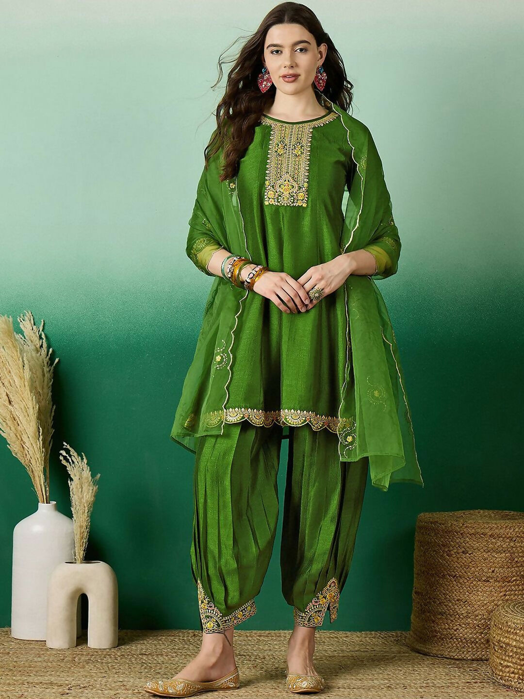 The52 Women's Beautiful Embroidery Work Vichitra Fabric A-line Kurta Pant and Dupatta Set-Green