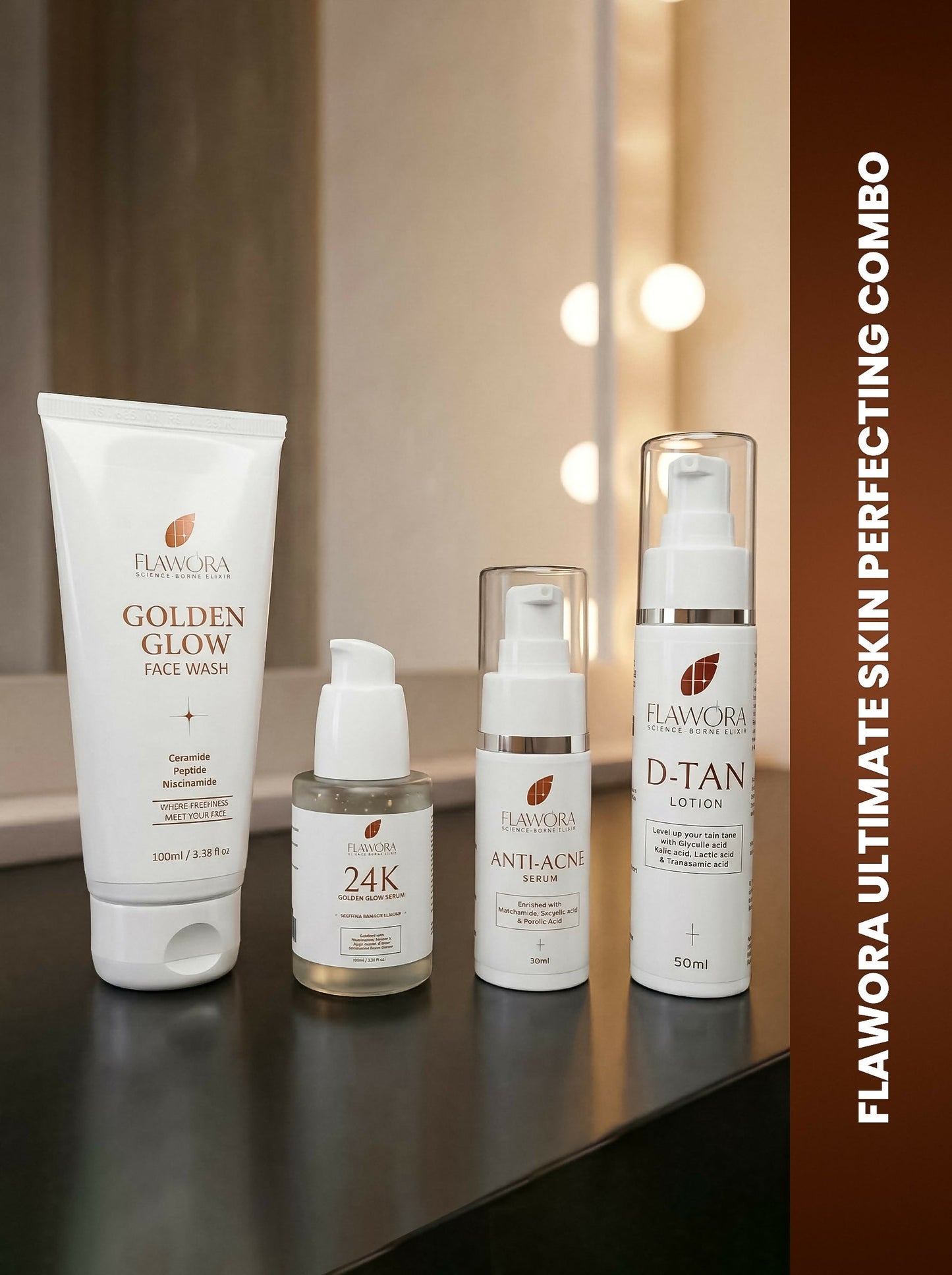 Flawora Set of Golden Glow Face Wash, Anti Acne Serum, 24k Golden Glow Face Serum and D-Tan Lotion