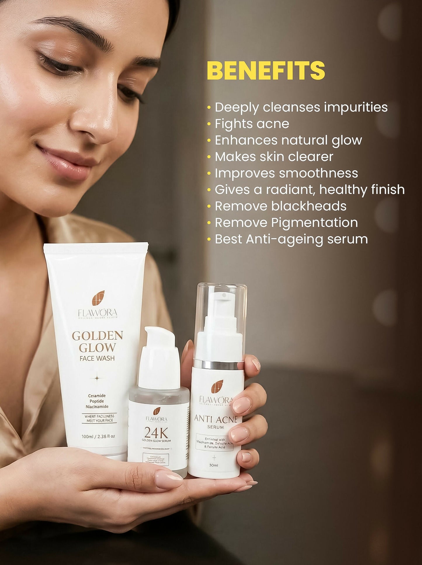 Flawora Set of Golden Glow Face Wash, Anti Acne Serum and 24k Golden Glow Face Serum