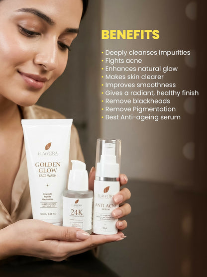 Flawora Set of Golden Glow Face Wash, Anti Acne Serum and 24k Golden Glow Face Serum