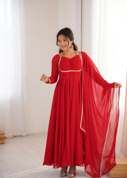 The52 Women's Gorgeous Solid Fox Blooming Georgette Fabric Flared Anarkali and Dupatta Set-Red