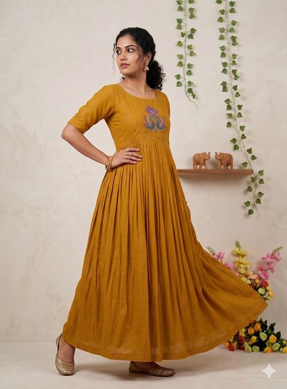 Teeya Creation Women's New Trendy Mustard Pleated Maxi Dress with Intricate Peacock Beadwork