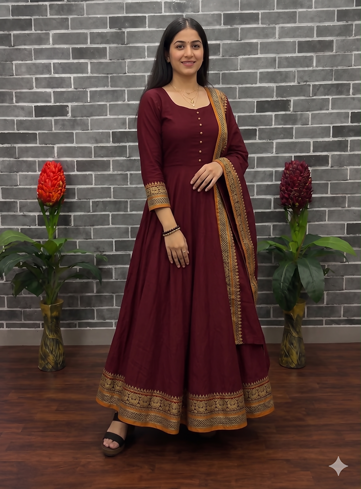 Teeya Creation New Trendy Stylish Maroon Solid Anarkali Kurta with Traditional Golden Border Dupatta Set