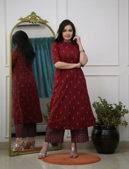 Teeya Creation Elegant Red Cotton Kurta Set Featuring Button Detail And Printed Palazzos