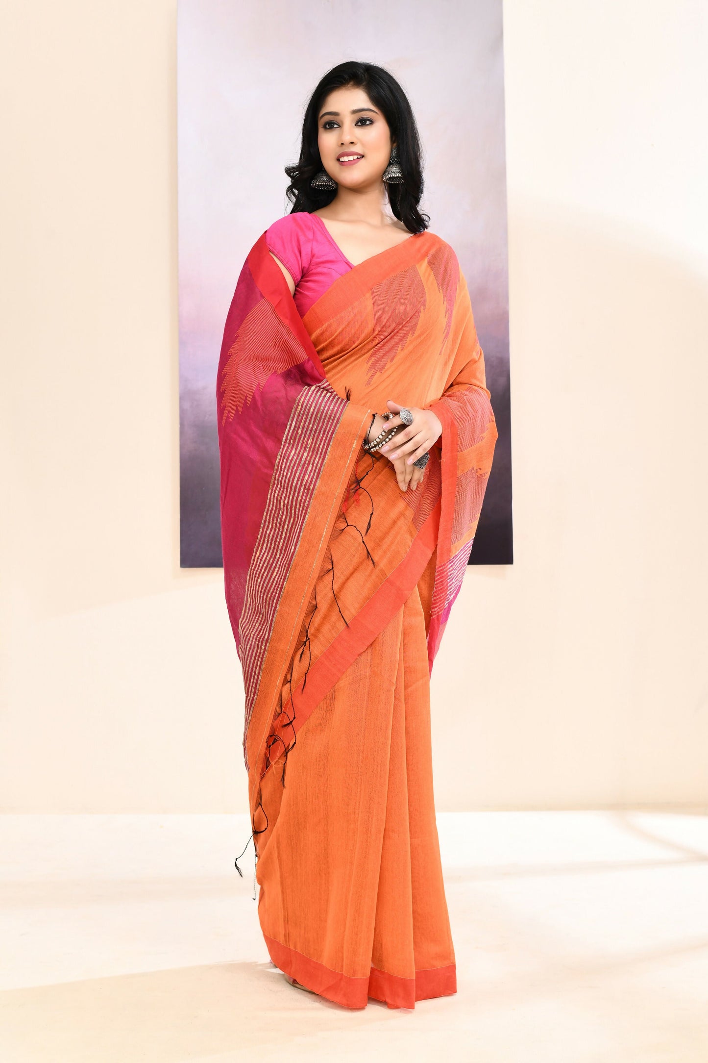 Piyari Fashion Women's Orange Temple Border Embellished Cotton Blend Jamdani Saree