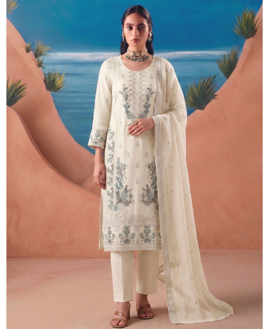 KC Heavy Chiffon Silk White Hand Embroidered Straight Suit For Women Wedding