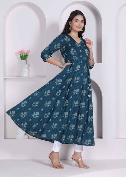 Miravan Womens Blue Ethnic Motifs Printed V-Neck Cotton Angrakha Kurta