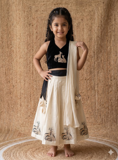 Teeya Creation New Latest Kids Off-White Silk Lehenga With Black Velvet Choli & Deer Embroidery Motif-Black