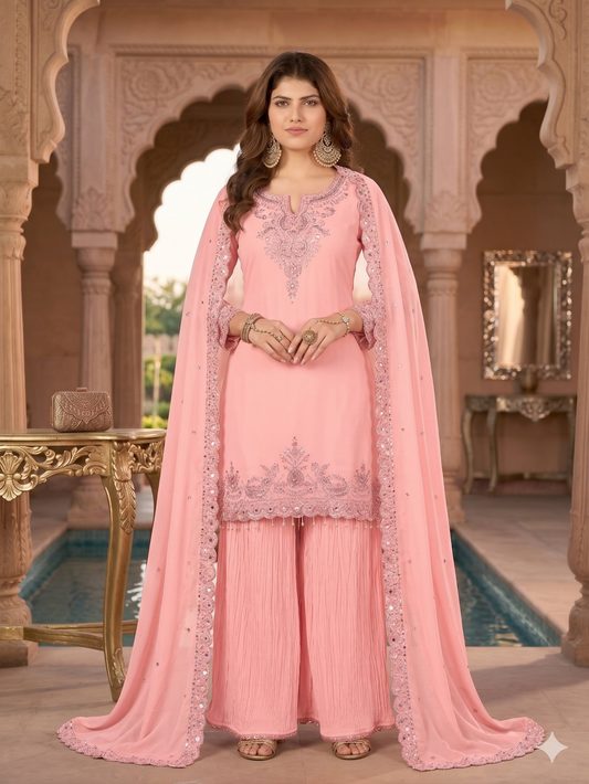 Teeya Creation Womens New Georgette Silk With Heavy Embroiedery With Sequence Work Pink Kurta Set