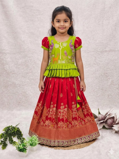 Teeya Creation New Kids Red Color Little Deer Forest Fantasy Lehenga Choli Set -Green