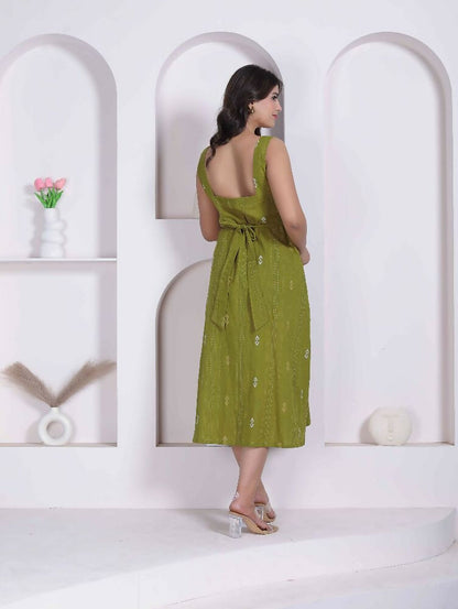 Miravan Womens Abstract Printed Green ALine Maxi Dress