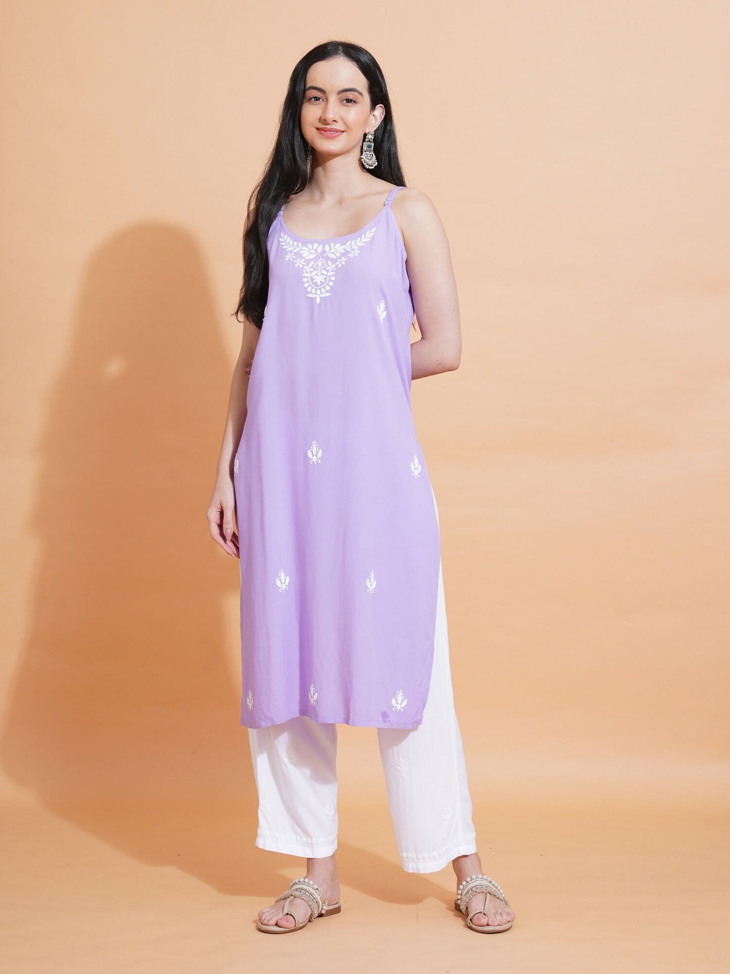 Pahnaz Luxury Rayon Chikankari Sleeveless Long Kurti-Lavender