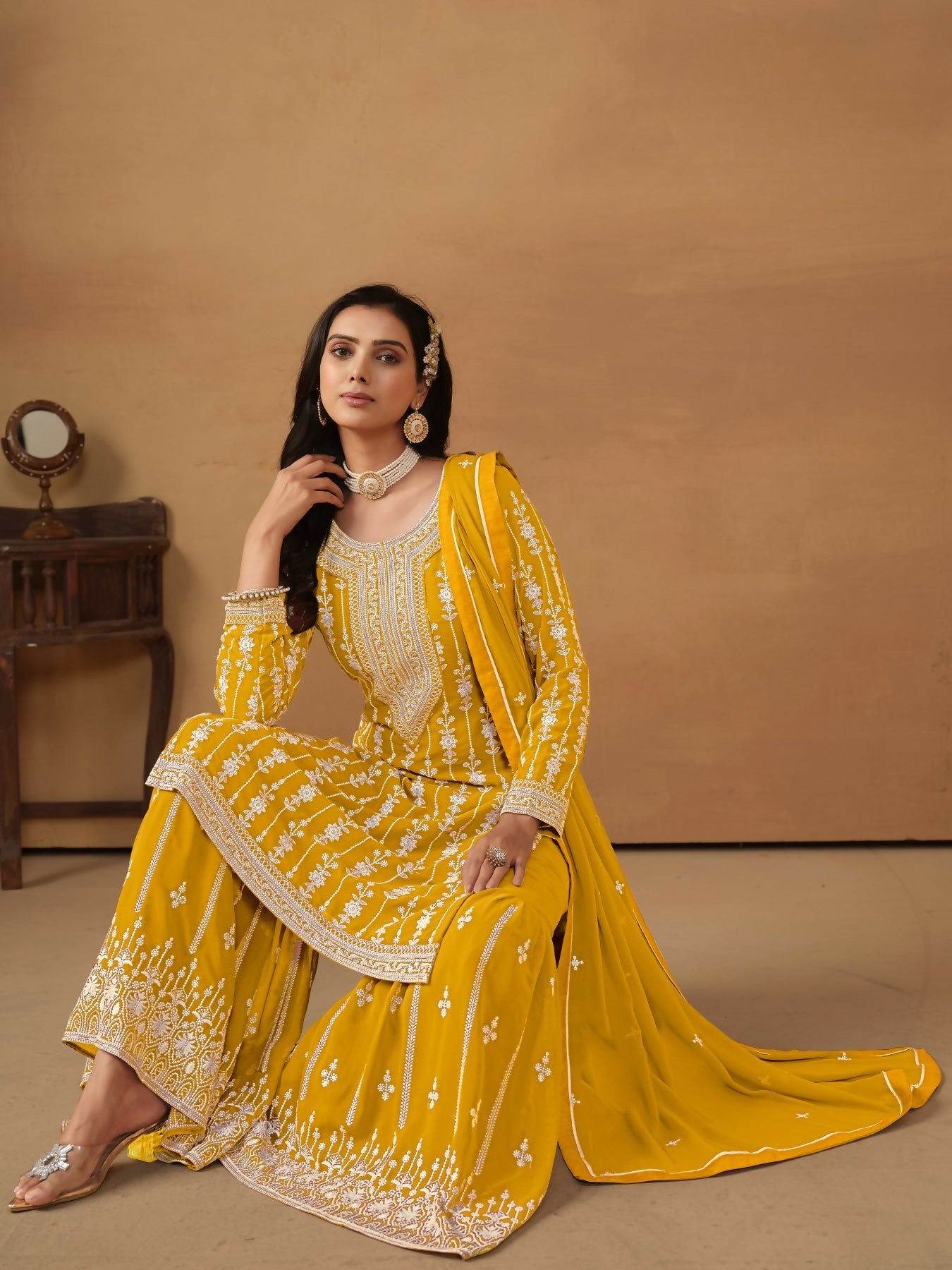 Anaita Yellow Embroidered Faux Georgette Salwar Suit