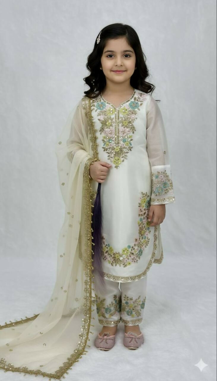 Teeya Creation Trendy Stylish Kids Wear Heavy Embroidery Sequence Work Kurta Set -White