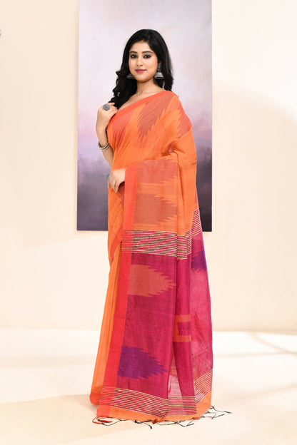 Piyari Fashion Women's Orange Temple Border Embellished Cotton Blend Jamdani Saree