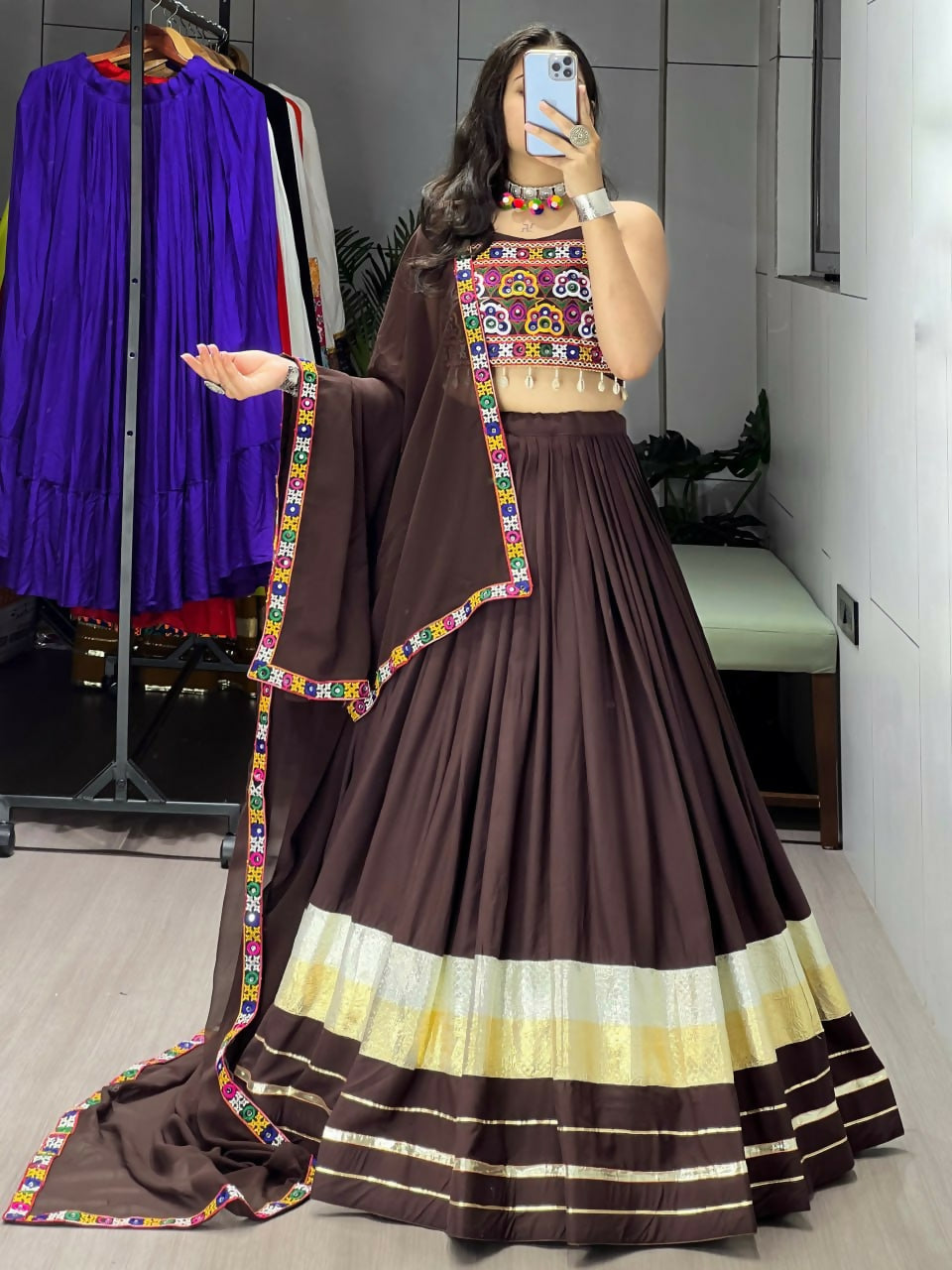 Yash Enterprise Brawn Rayon Cotton Embroidery Semi Stitched Navratri Top Chaniya Choli