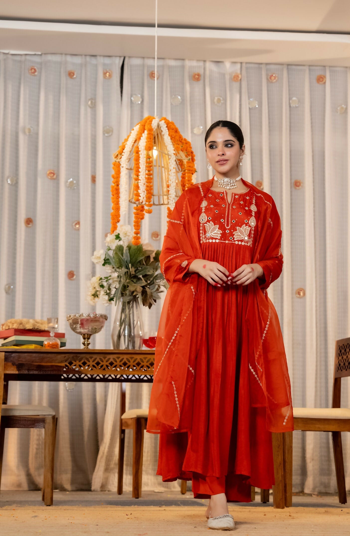 The52 Women's Gorgeous Embroidery Work Chanderi Silk Fabric Flared Kurta Pant and Dupatta Set