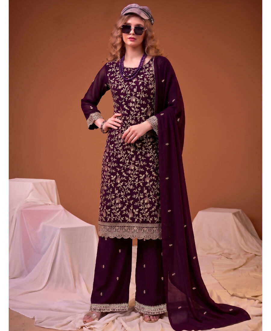 KC Purple Straight Suit For Women Georgette Fabric