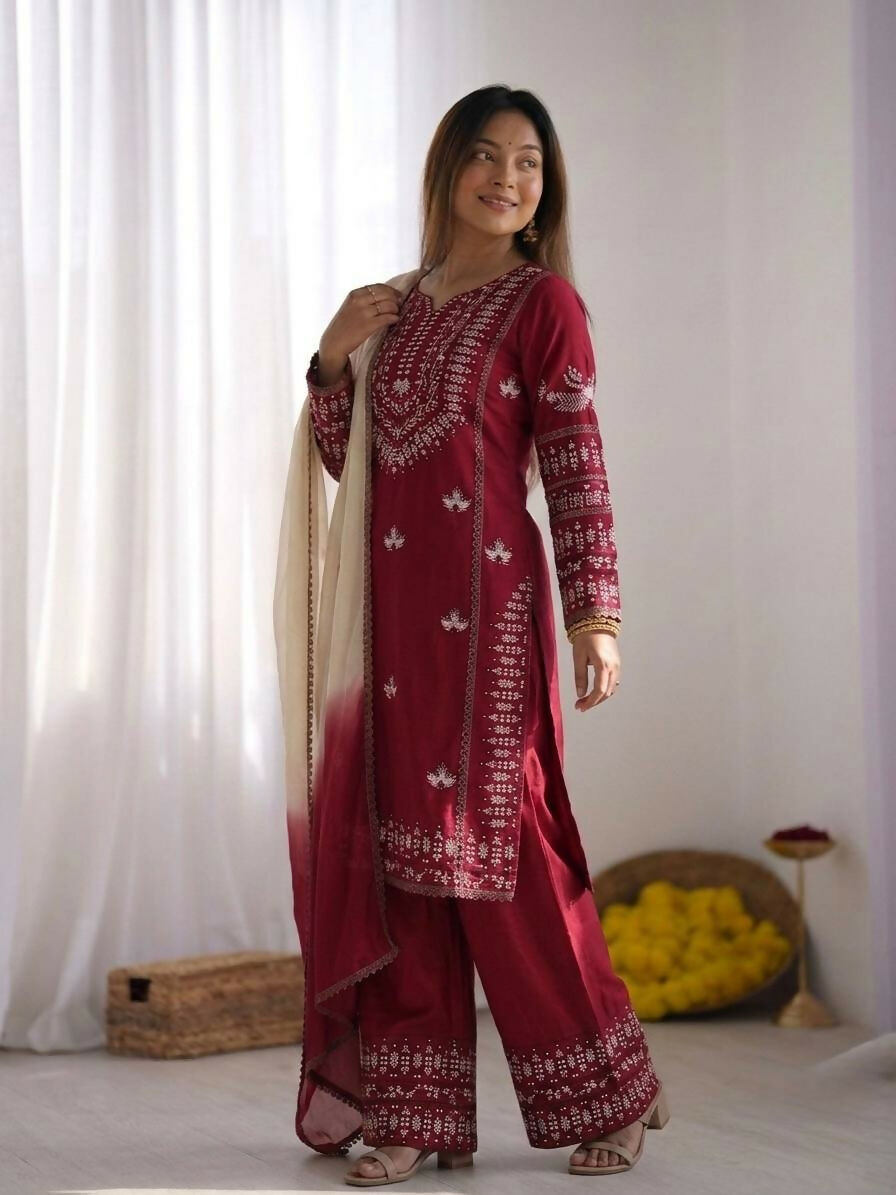 Teeya Creation Womens Trendy Stylish Embroidery Thread Work Maroon Kurta Set
