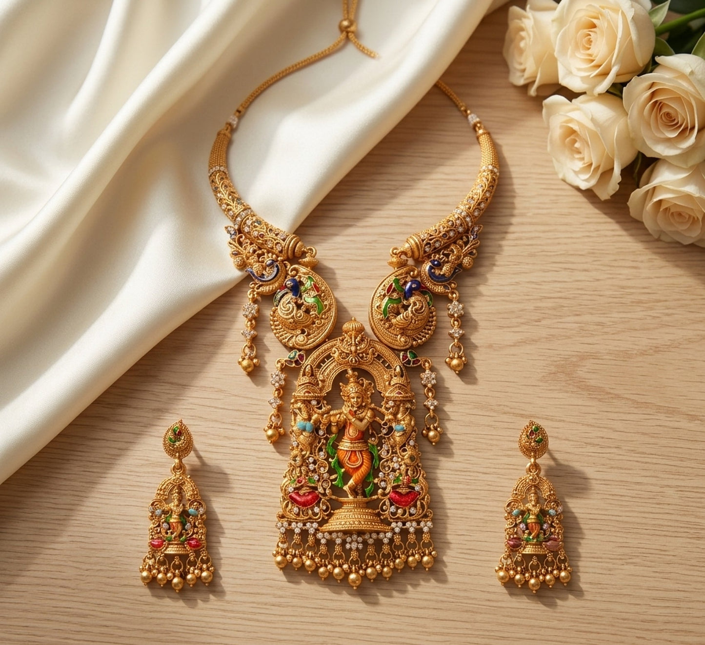 Jewel City Antique Gold Plated South Indian Temple Jewelry Set - Krishna Motif Necklace with Jhumka Earrings for Weddings