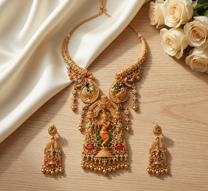 Jewel City Antique Gold Plated South Indian Temple Jewelry Set - Krishna Motif Necklace with Jhumka Earrings for Weddings
