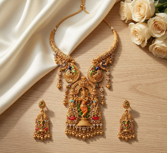 Jewel City Antique Gold Plated South Indian Temple Jewelry Set - Krishna Motif Necklace with Jhumka Earrings for Weddings