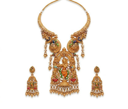 Jewel City Antique Gold Plated South Indian Temple Jewelry Set - Krishna Motif Necklace with Jhumka Earrings for Weddings